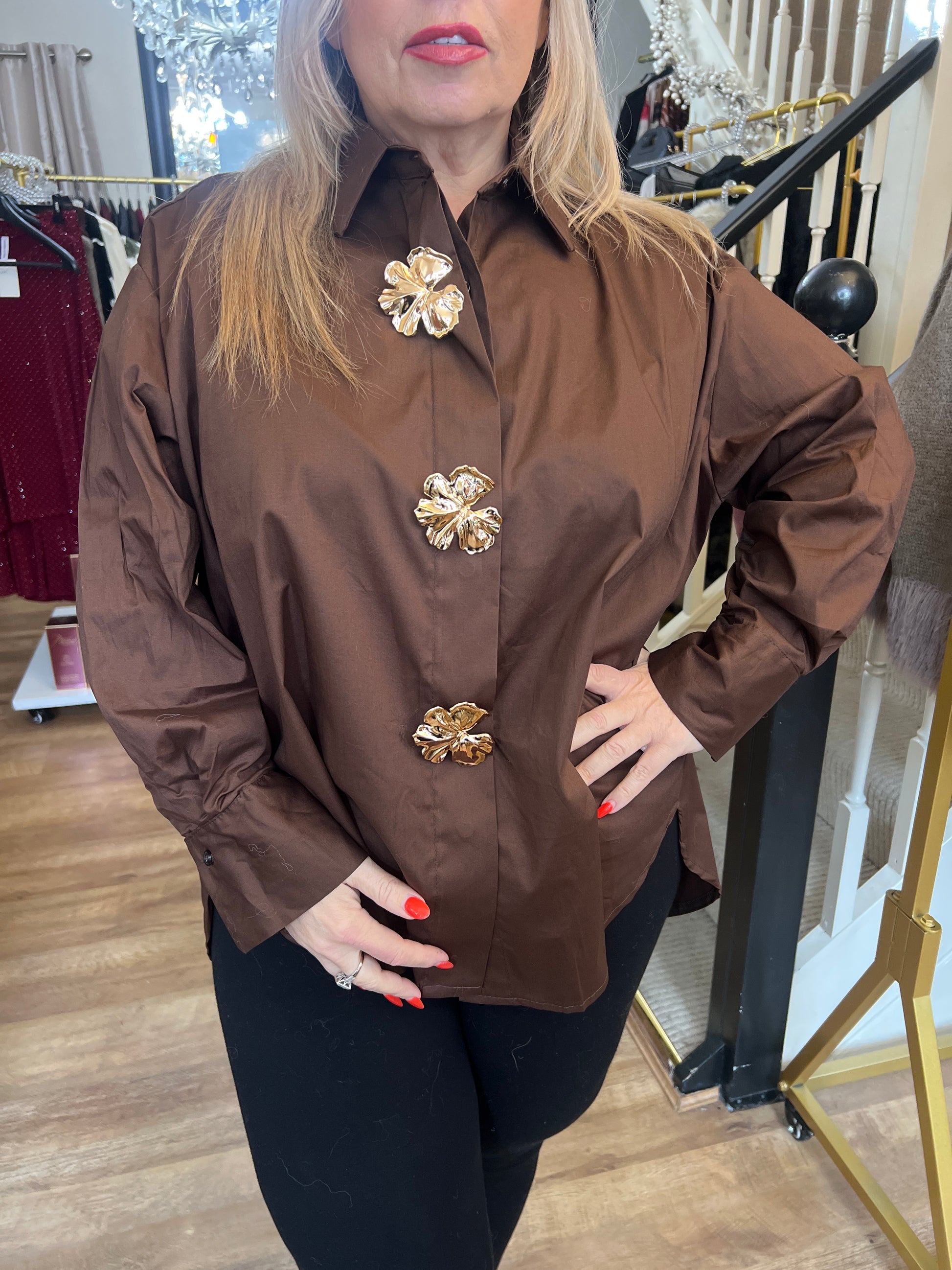 Chocolate gold button shirt (Size 10-22)