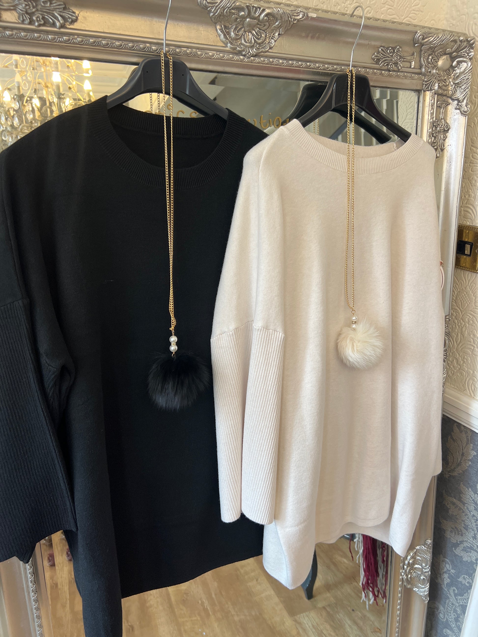 Lux plain jumper with fur Pom Pom necklace (Size 10-22)