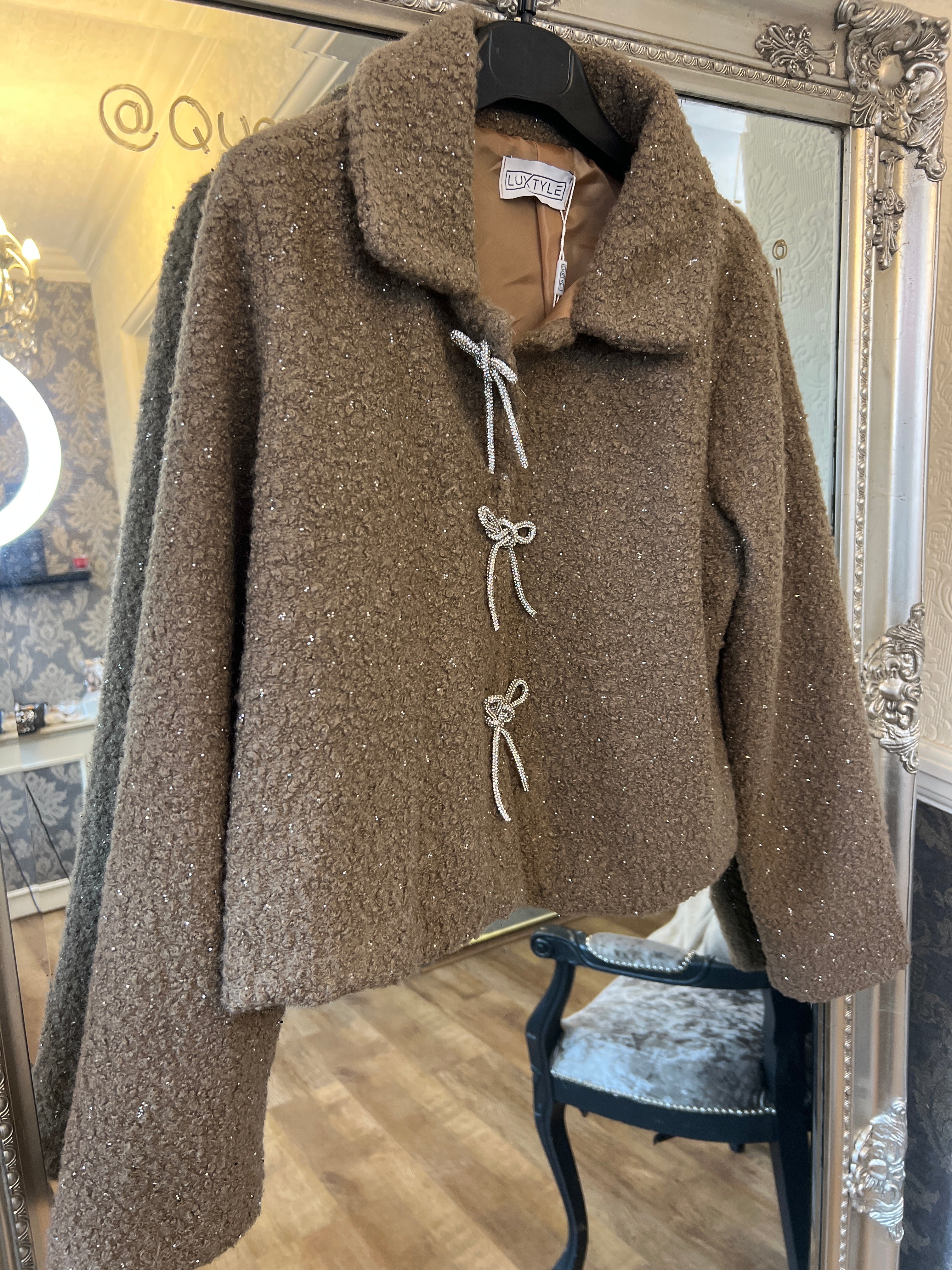 Teddy sparkle bow jacket mocha (size 10-18)