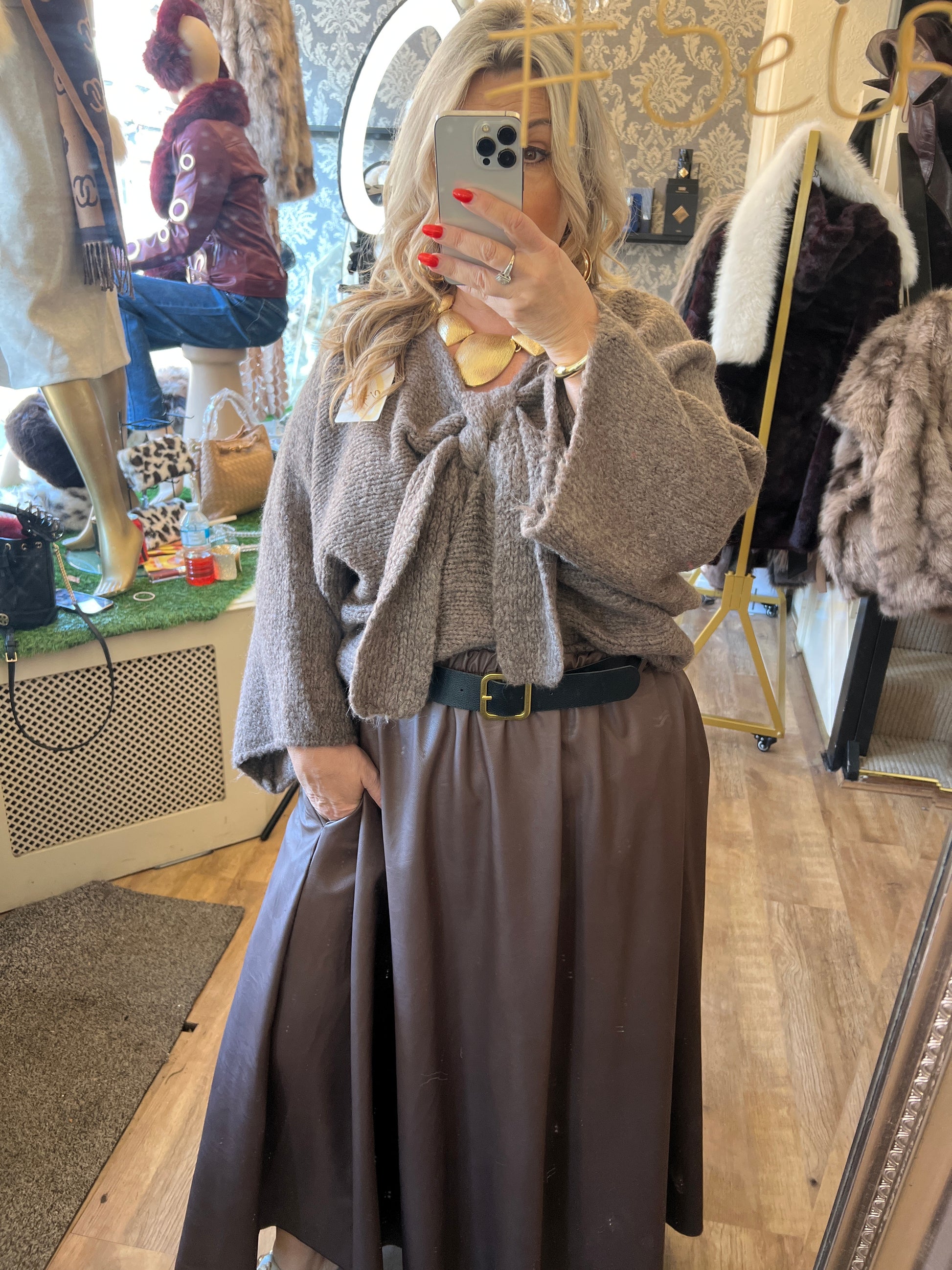 Chocolate brown pu skirt with belt (size 16-22)