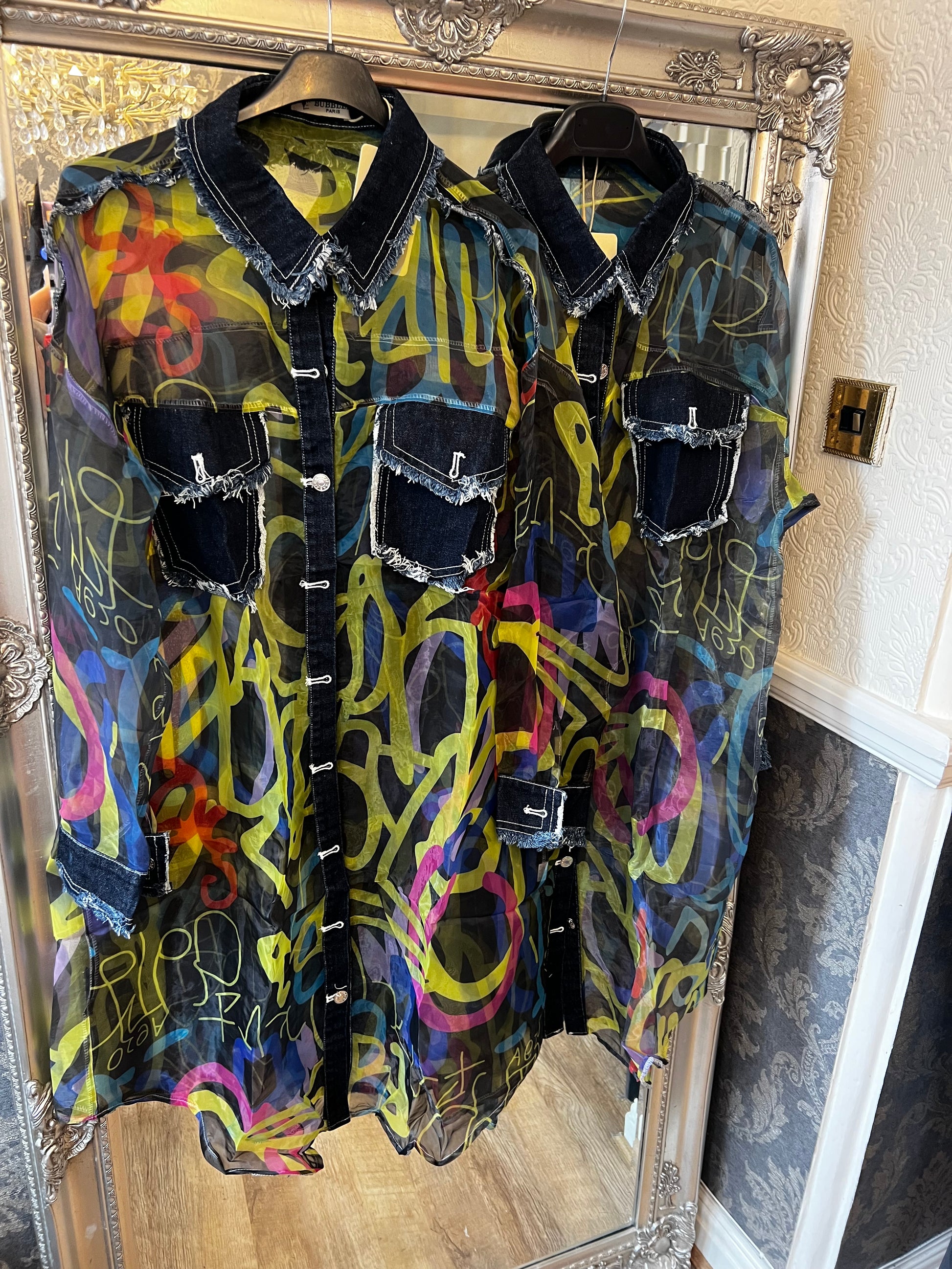Graffiti denim sheer jacket
