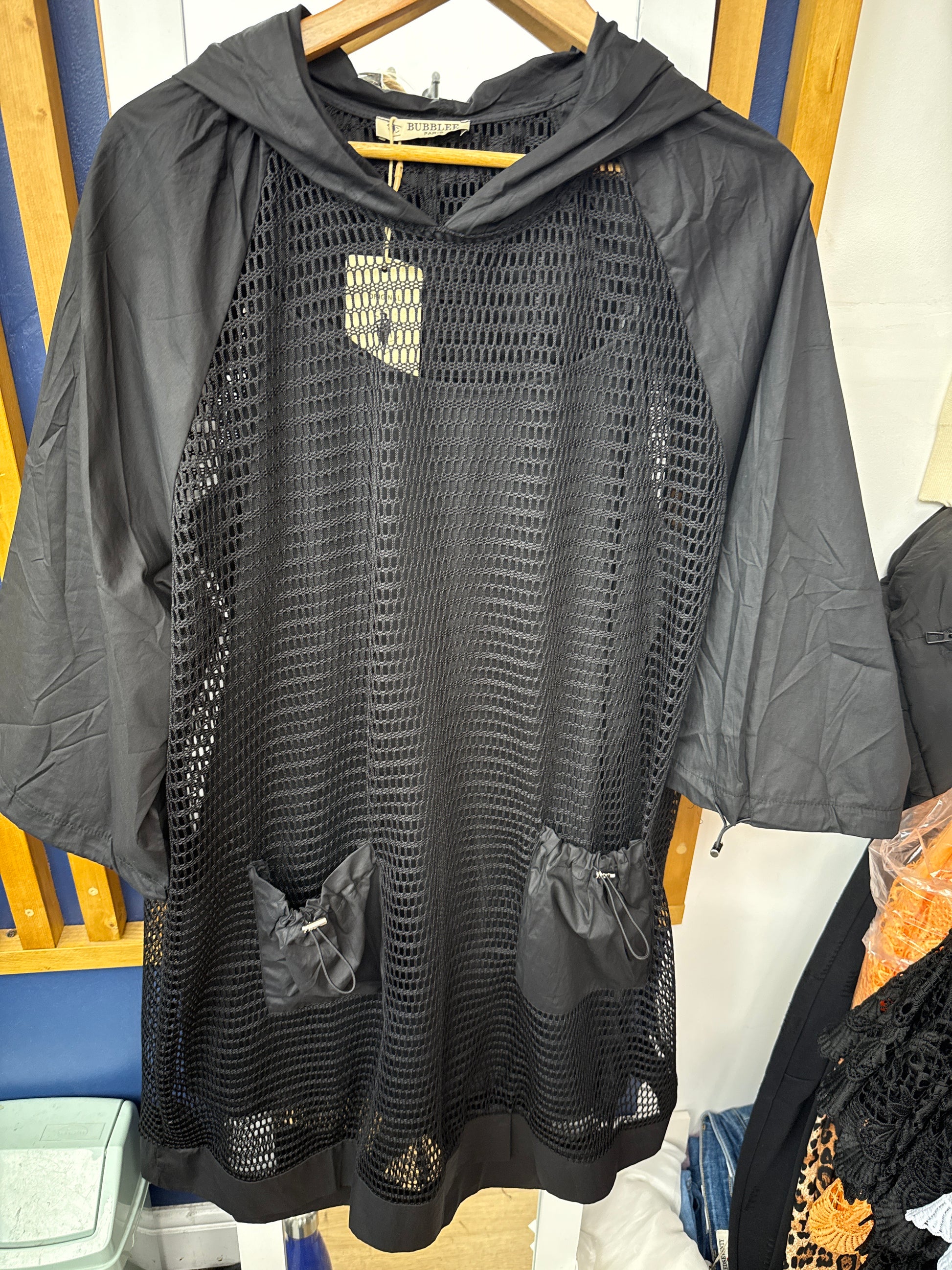 Black mesh hooded dress