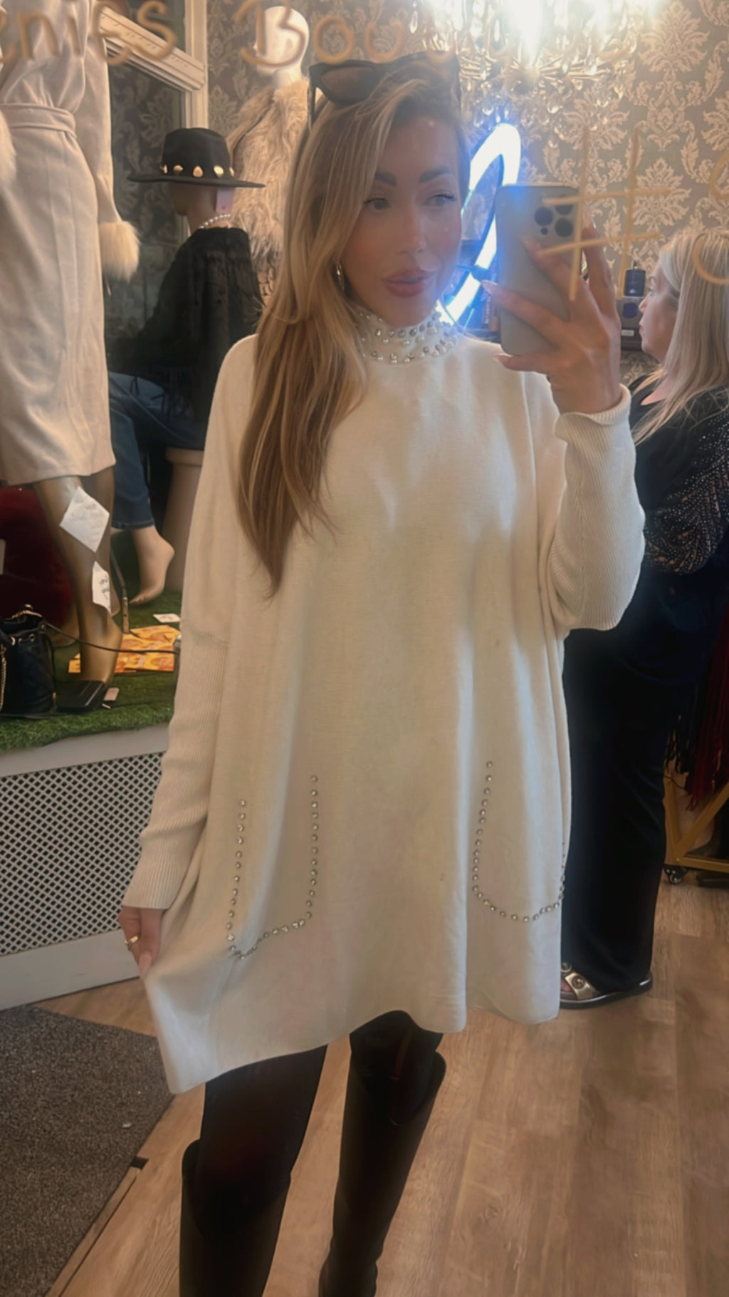 Pear diamanté neck cream jumper (Size 10-24)