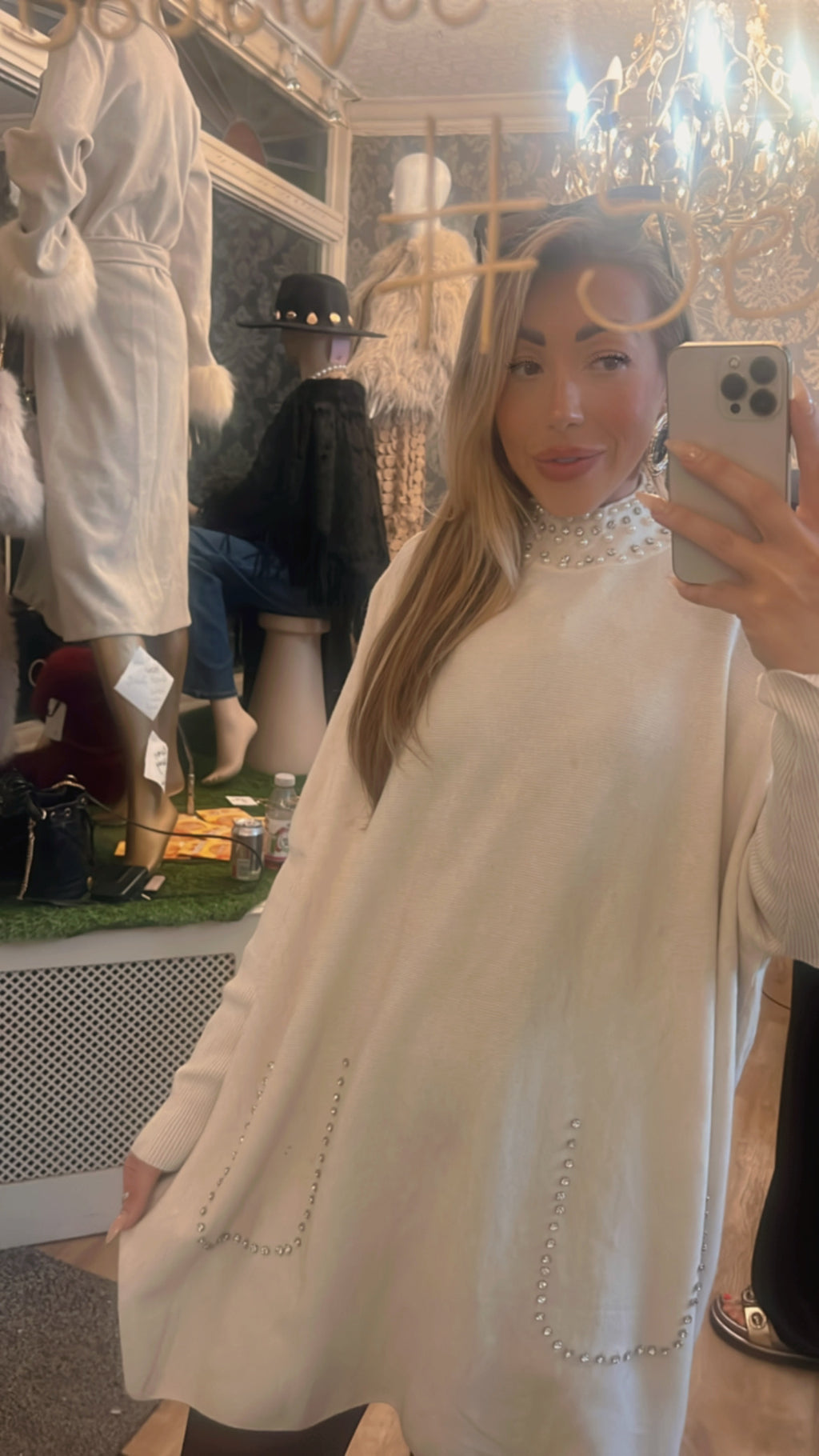 Pear diamanté neck cream jumper (Size 10-24)