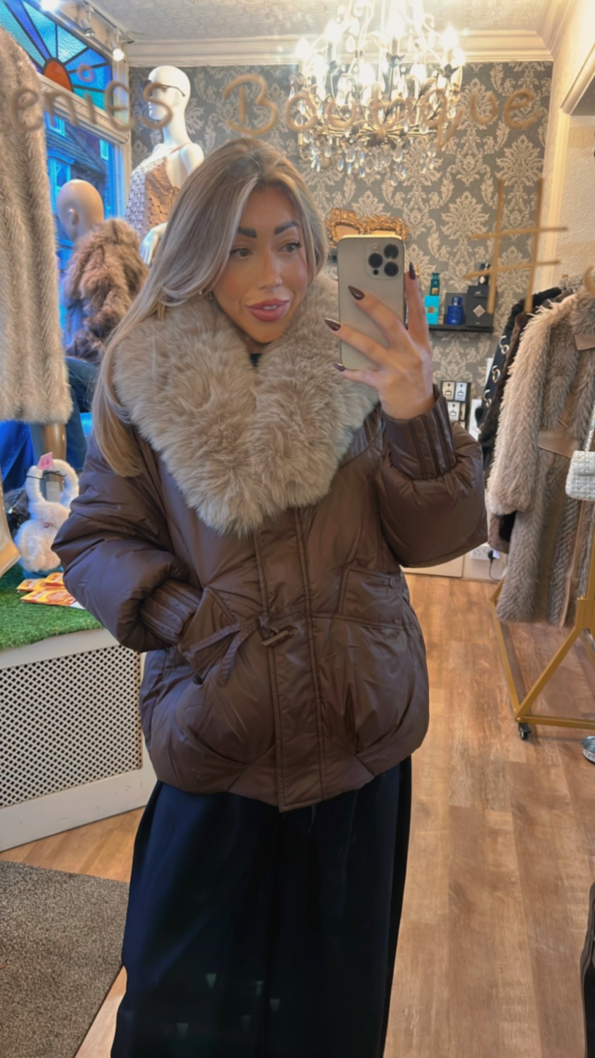 Chocolate brown fur trim coat (Size 10-18)